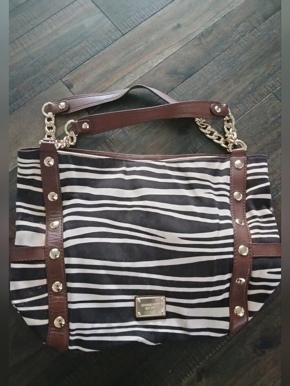 Michael Kors Black & White Zebra Stripe Tote with Brown Trim and Gold Hardware